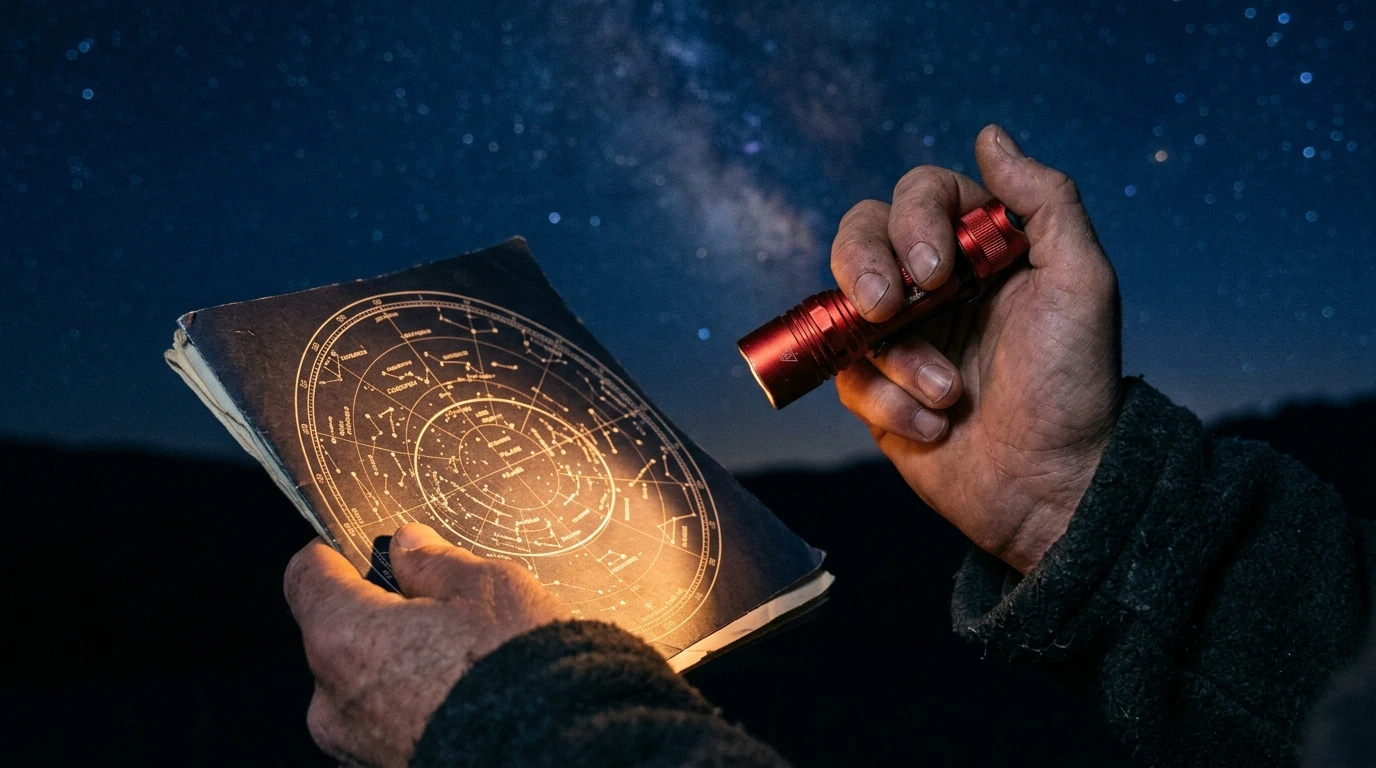 Astrofilo con luce rossa che osserva il cielo
