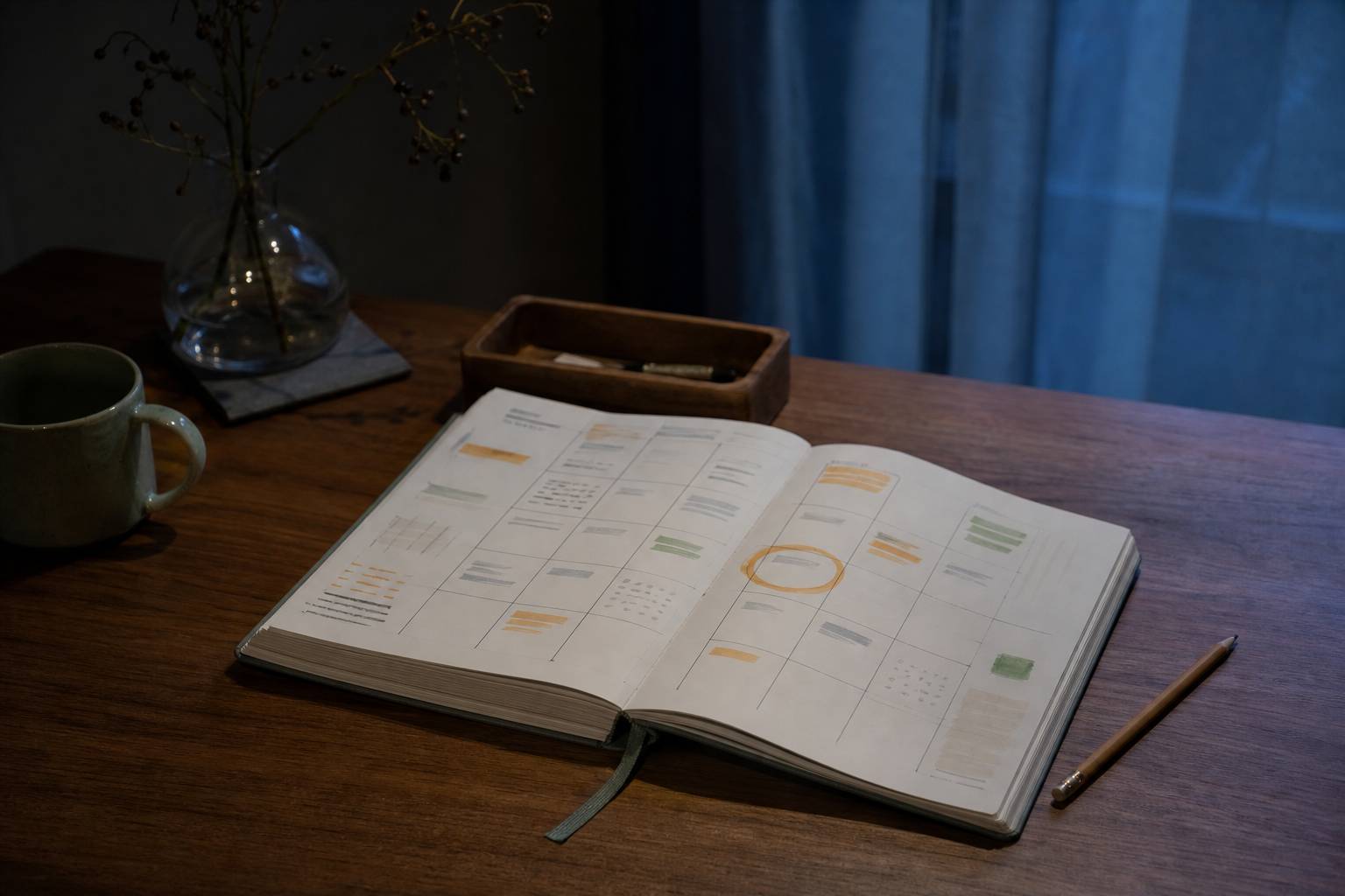 Agenda ouvert sur table en bois date entouree au surligneur crayon a cote lumiere douce