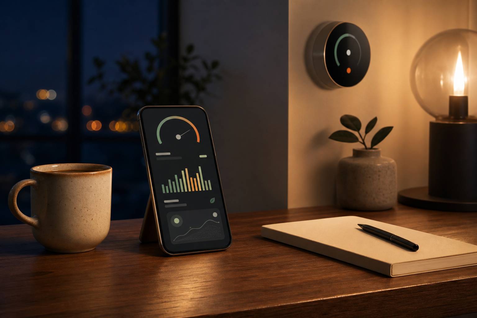 Smartphone affichant des économies de chauffage avec thermostat connecté sur une table cosy
