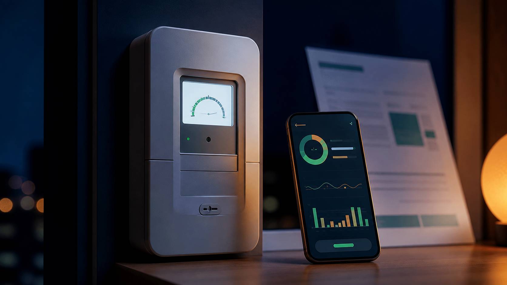Compteur électrique et application smartphone de calcul de coût de recharge sur fond bleu nuit