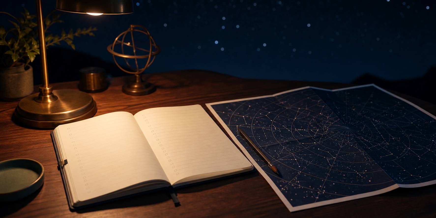 Carnet de notes ouvert avec liste evenements astronomiques 2026 crayon et carte celeste