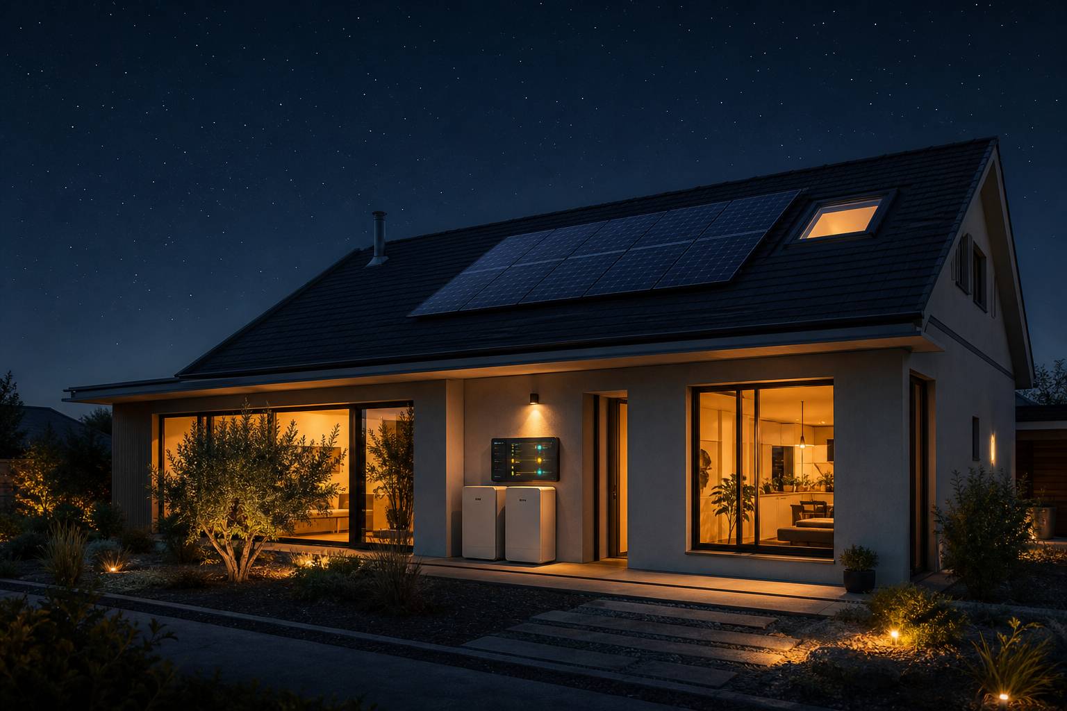 Maison avec panneaux solaires et batterie de stockage nuit etoilee fenetres eclairees