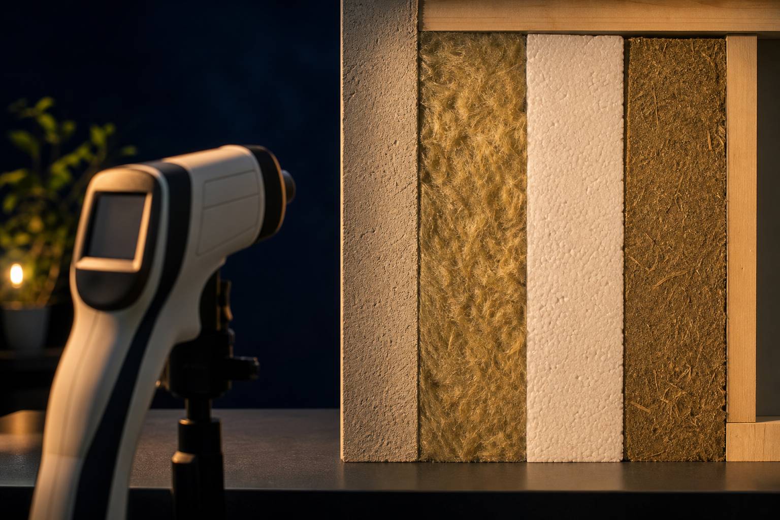 Thermomètre infrarouge pointant vers différents matériaux isolants en coupe de démonstration
