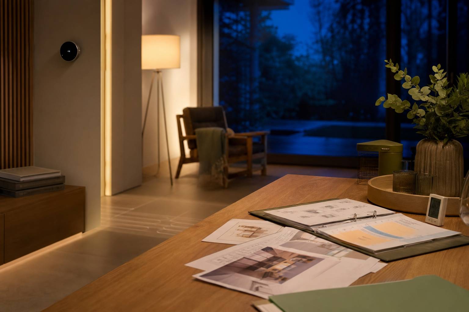Intérieur chaleureux avec radiateur et documents des detaxation fiscale sur table nuit bleutée