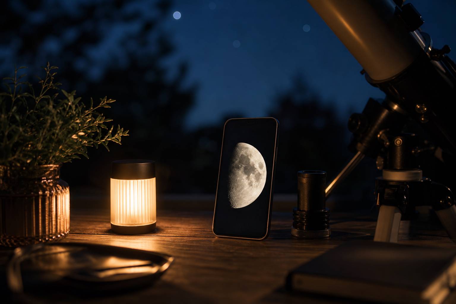 Photo de la lune prise avec smartphone affichee sur lecran a cote du telescope