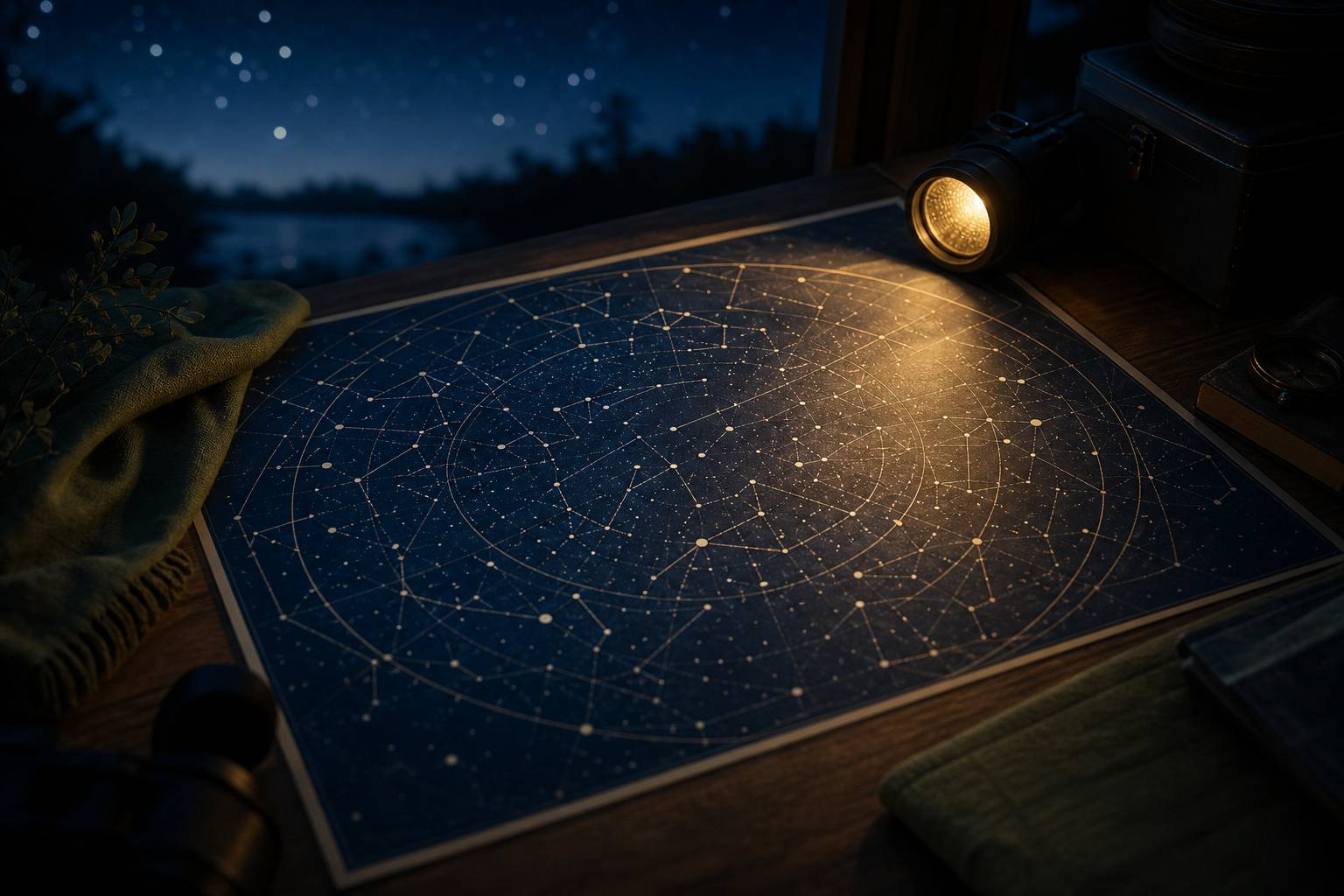 Carte celeste avec constellations imprimee sur table eclairage torche ambre observation