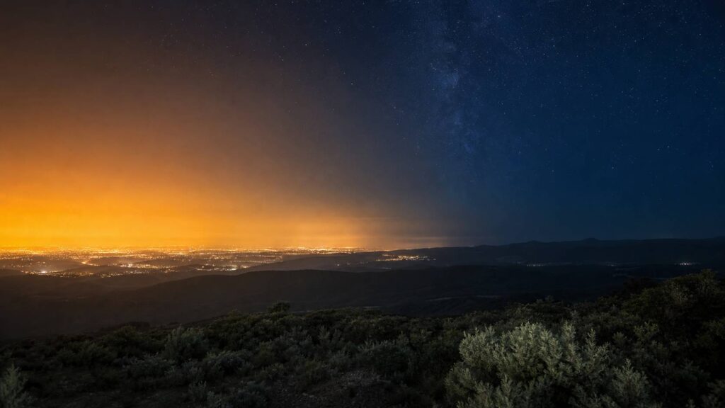 Ciel nocturne avec pollution lumineuse orange dune ville cote pur ciel profond etoile autre cote