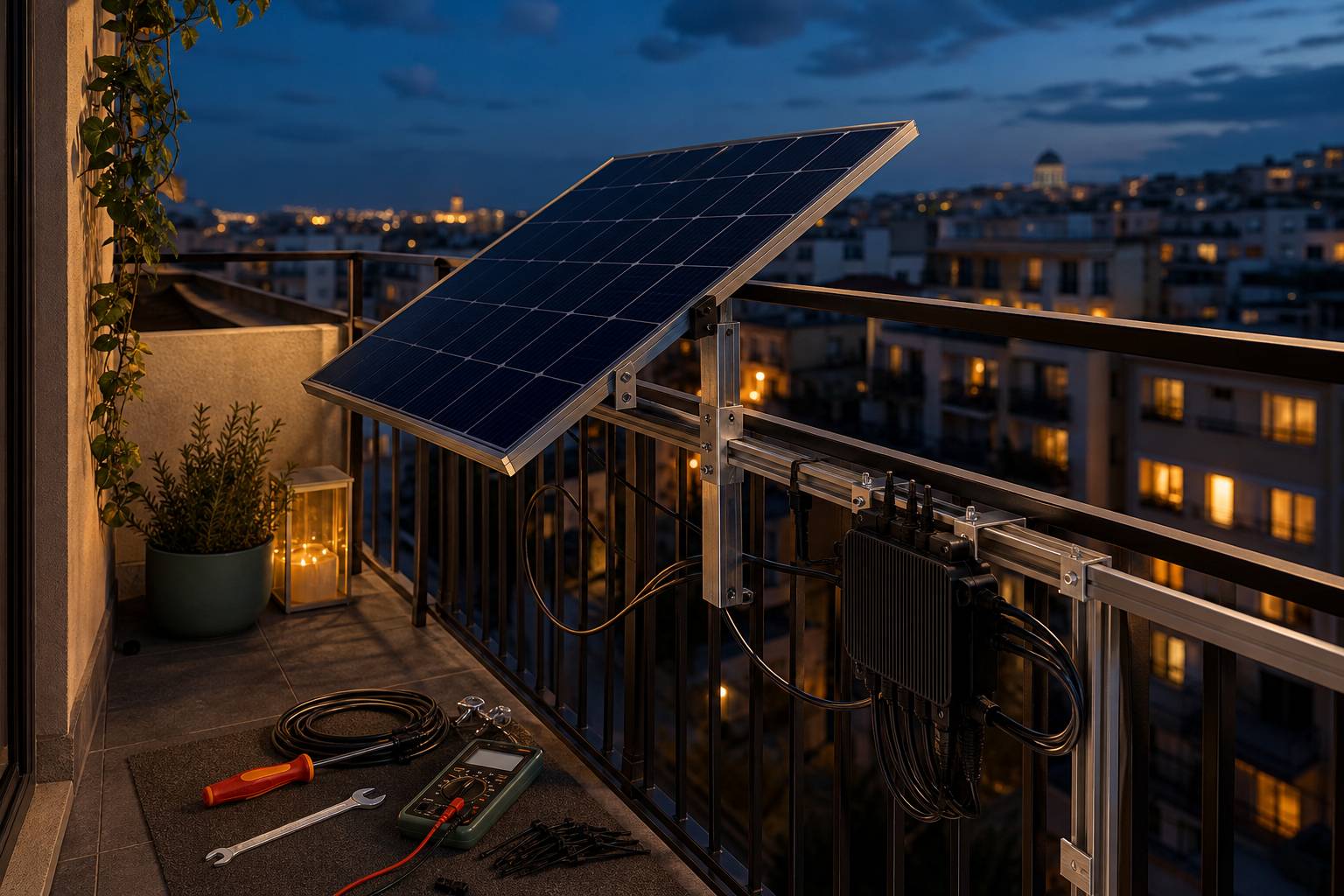 Installation de panneau solaire sur balcon avec support montage cable micro-onduleur et outils