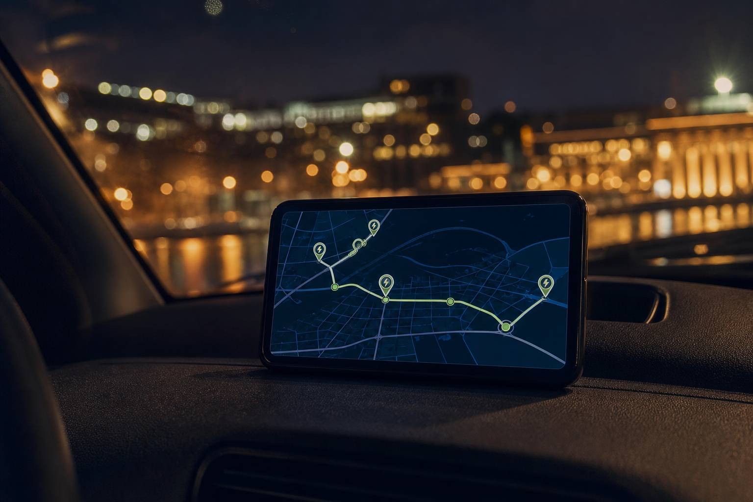 Smartphone avec carte d itinéraire de bornes de recharge électriques posé sur tableau de bord