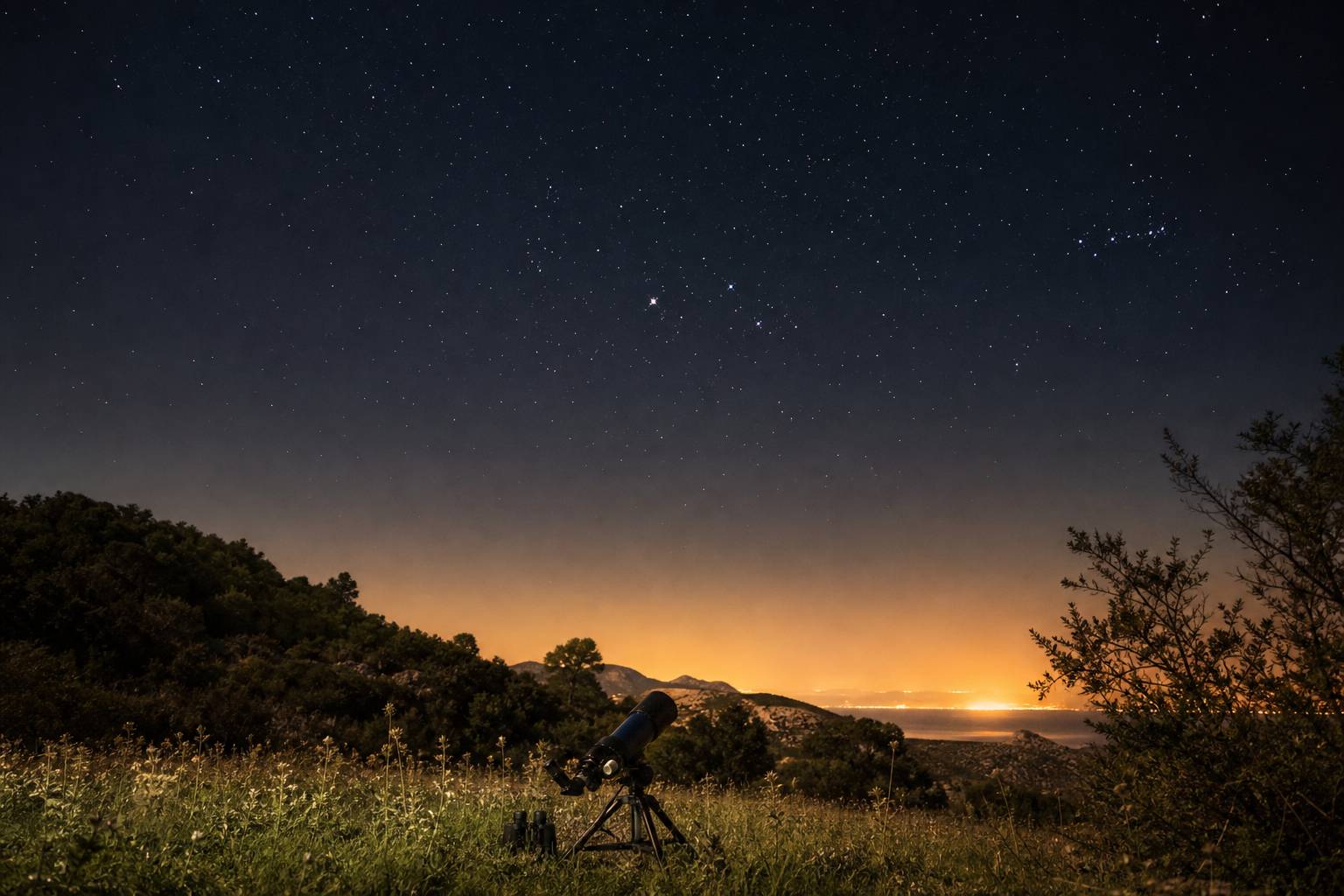 Voute celeste nocturne avec constellations visibles a loeil nu et telescope sur herbe