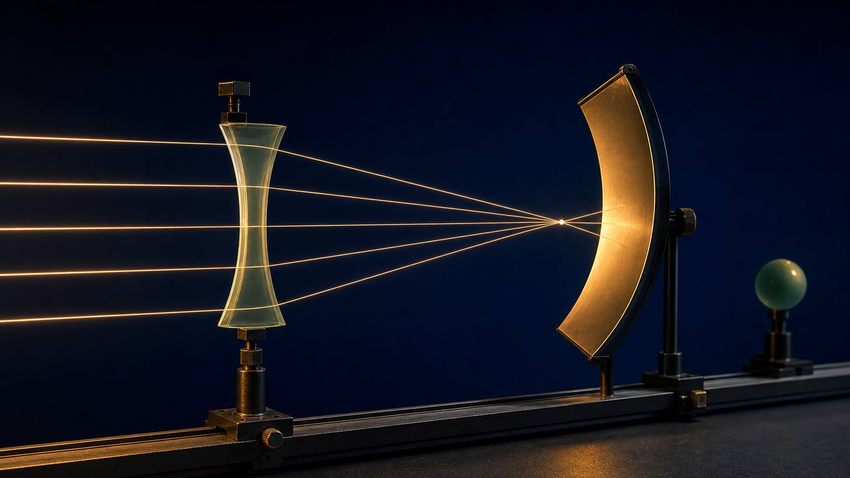Schema optique didactique de telescope avec lentilles et miroir parabolique fond bleu nuit