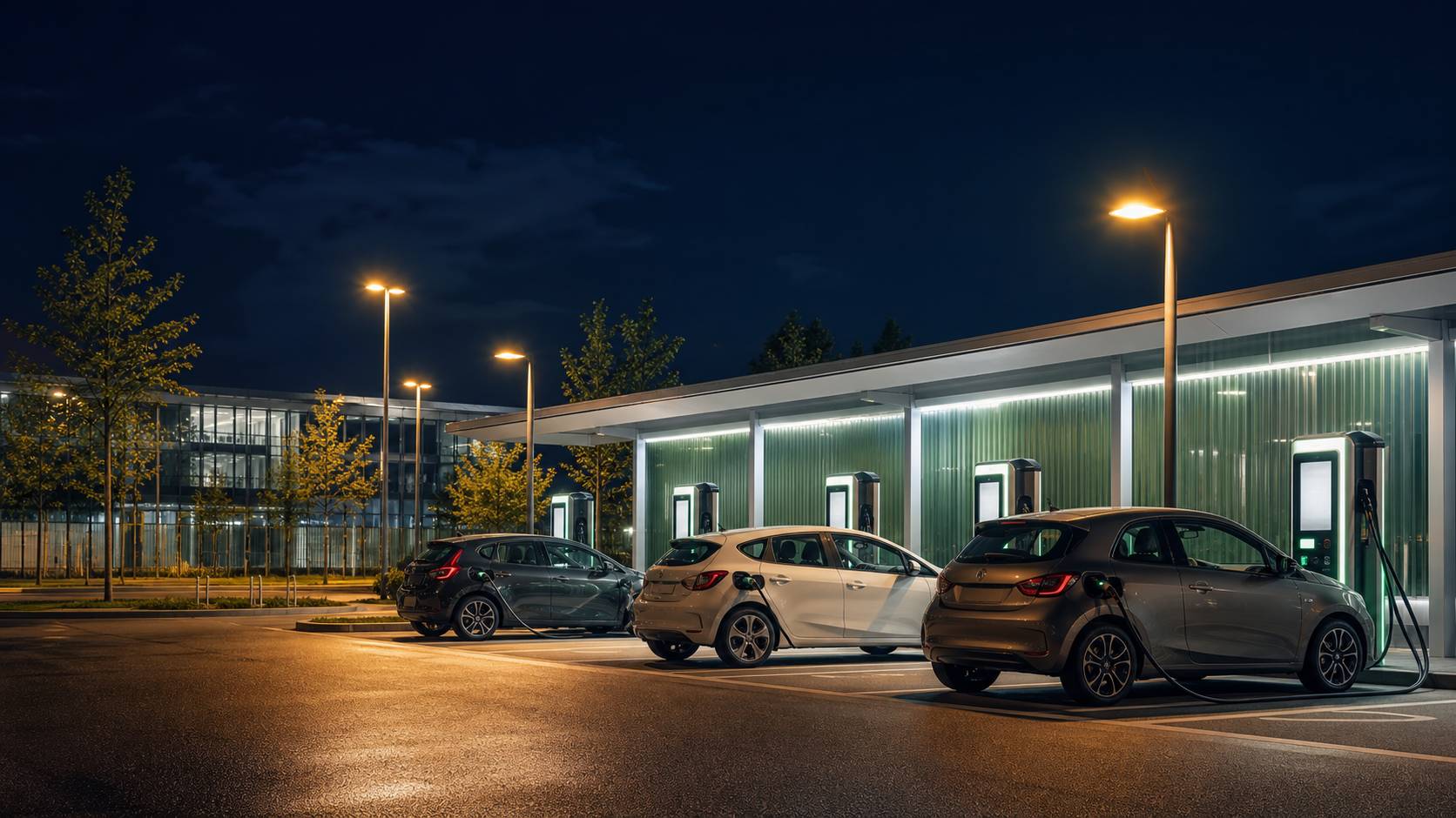 Station de recharge électrique extérieure de nuit avec plusieurs voitures branchées lumières ambrées
