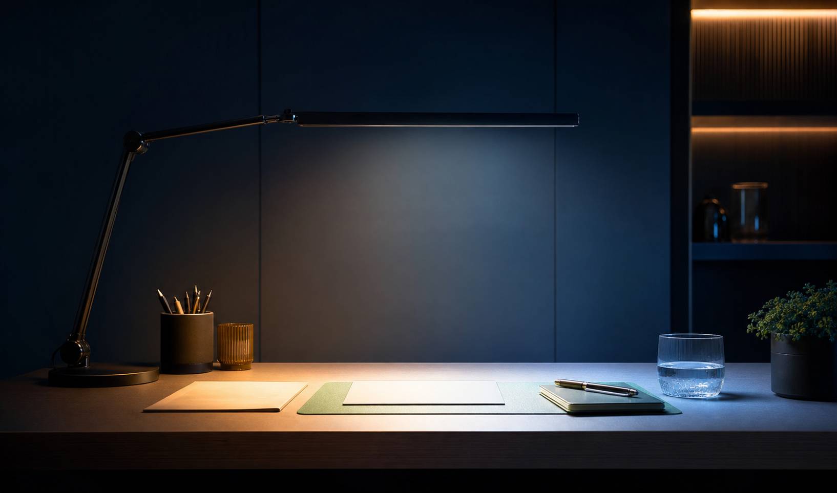 Table de travail avec lampe intelligente montrant différentes températures de couleur blanc chaud neutre et froid