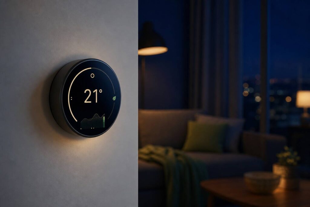 Thermostat intelligent moderne sur mur blanc avec ambiance bleu nuit et éclairage chaud ambré