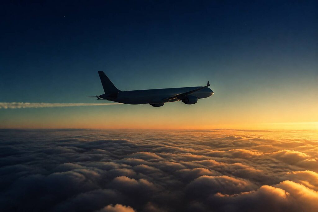 Avion de ligne en vol au crépuscule au-dessus des nuages