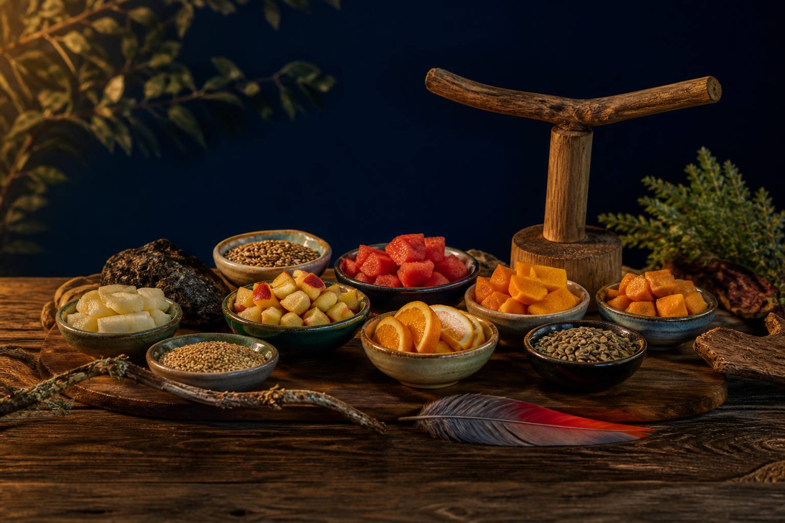 Fruits et graines dans des coupelles avec une plume de perroquet