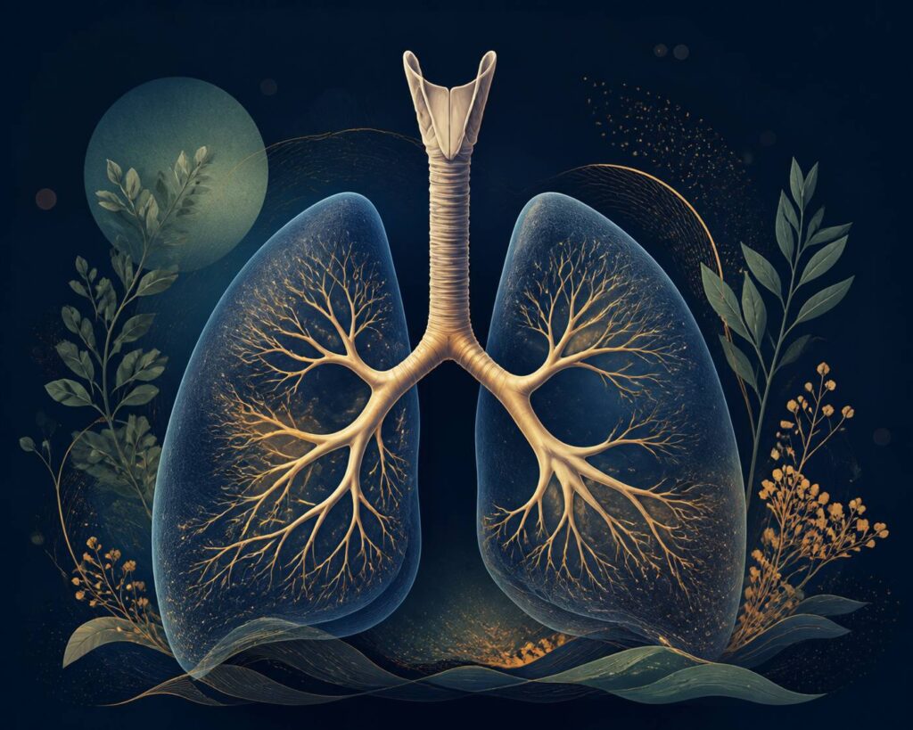 Illustrazione scientifica sobria dell'apparato respiratorio in toni blu notte