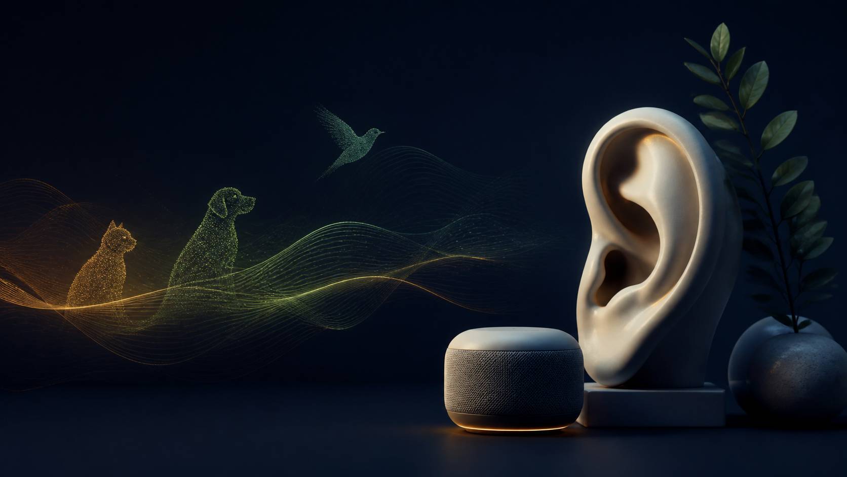 Oreille stylisée écoutant des ondes sonores avec silhouettes de chat, chien et oiseau