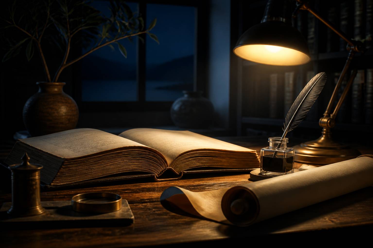 Libro antico aperto con piuma e rotolo di pergamena sulla scrivania