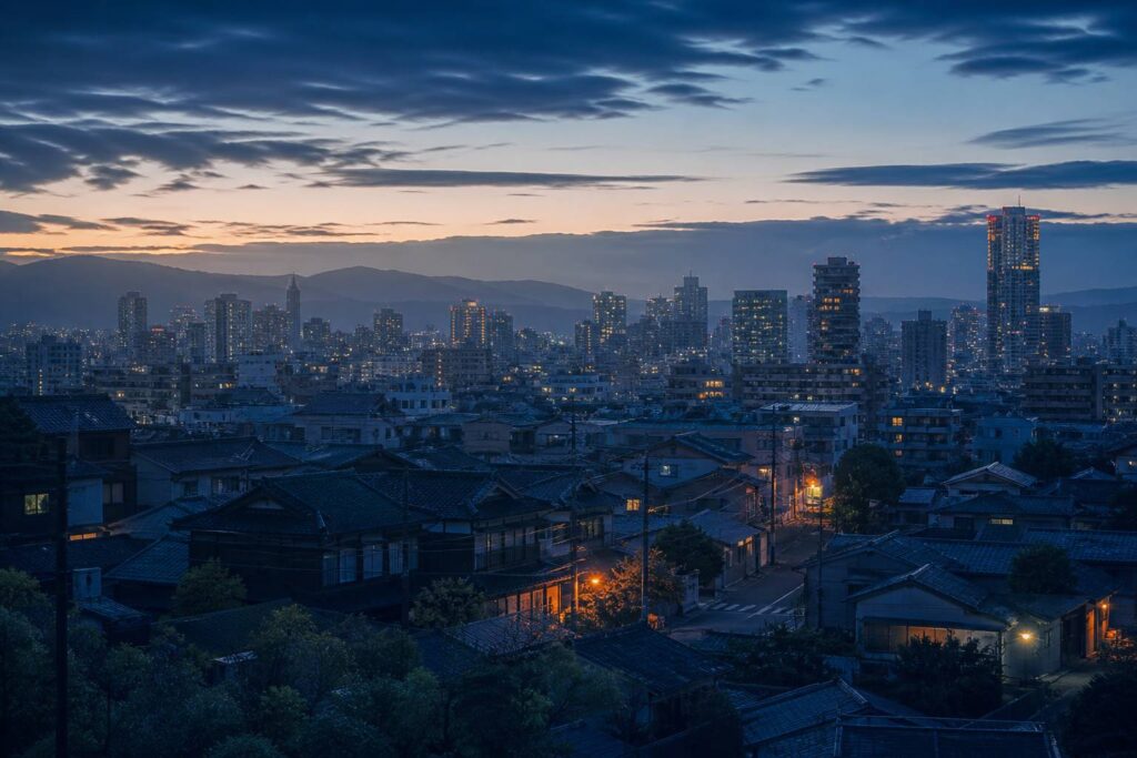 Ville japonaise générique au petit matin dans une lumière bleutée