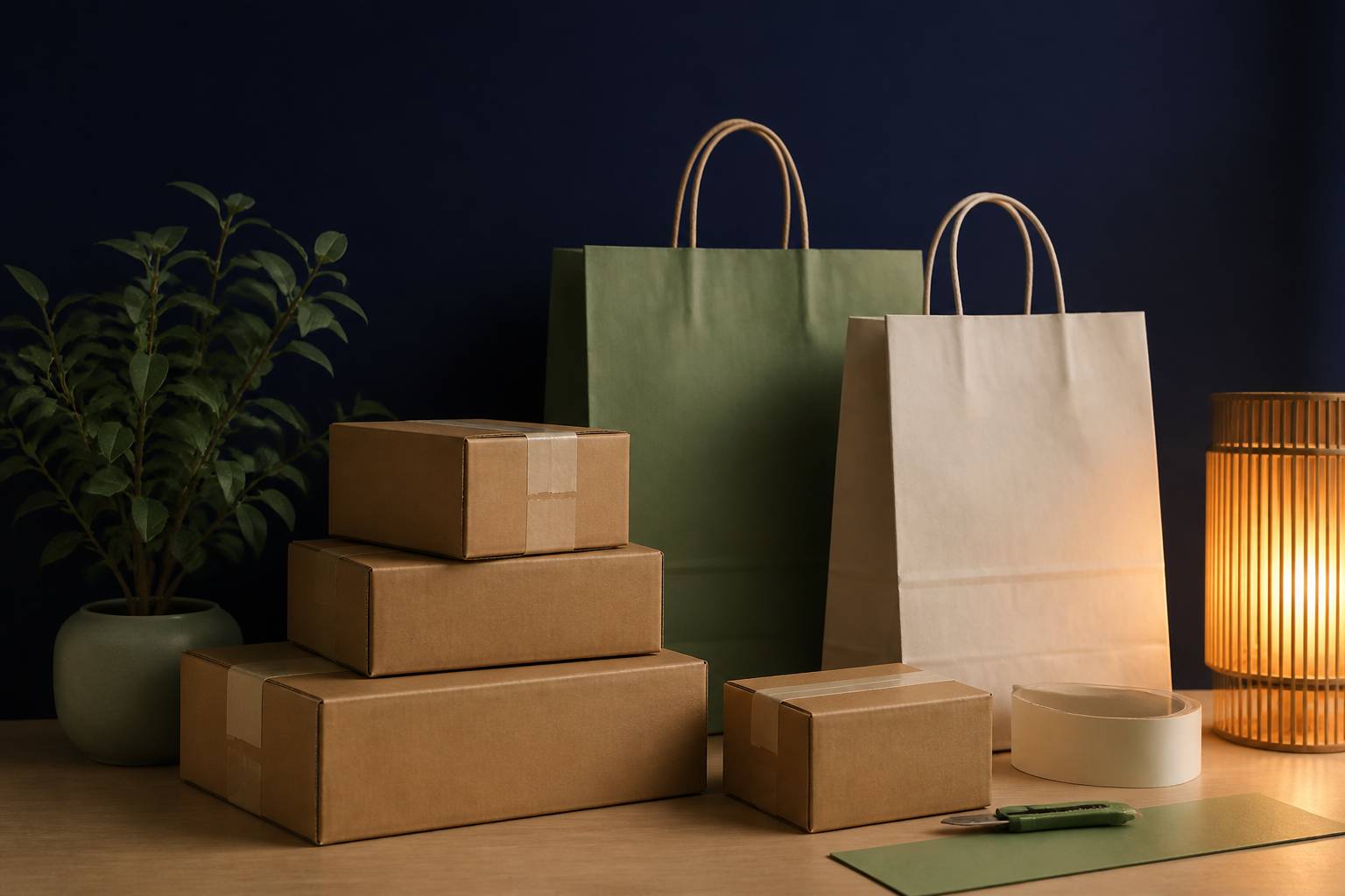 Colis en carton et sacs shopping génériques disposés sobrement sous une lumière ambrée