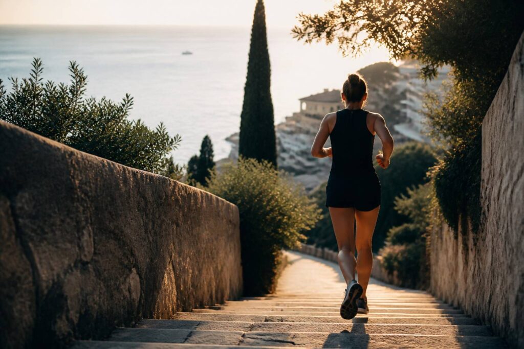 Personne en tenue de sport montant des escaliers, vue de dos