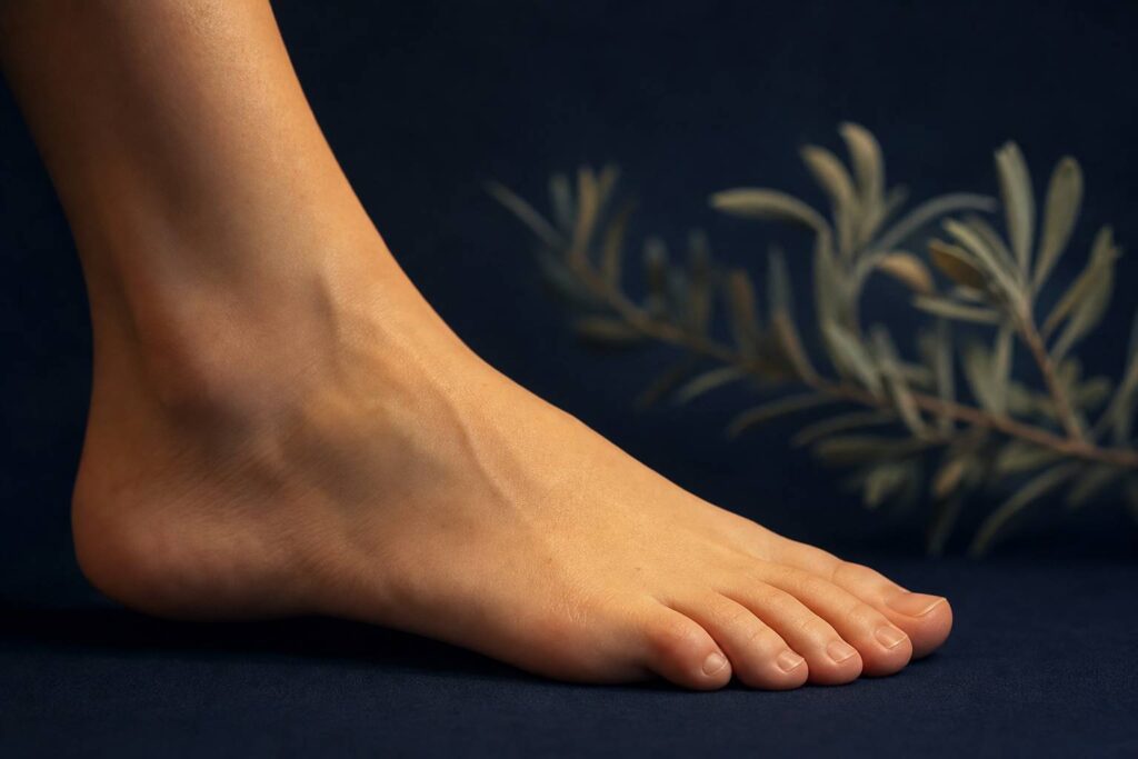 Pied humain vu de profil sur fond bleu nuit avec éclairage ambre chaud