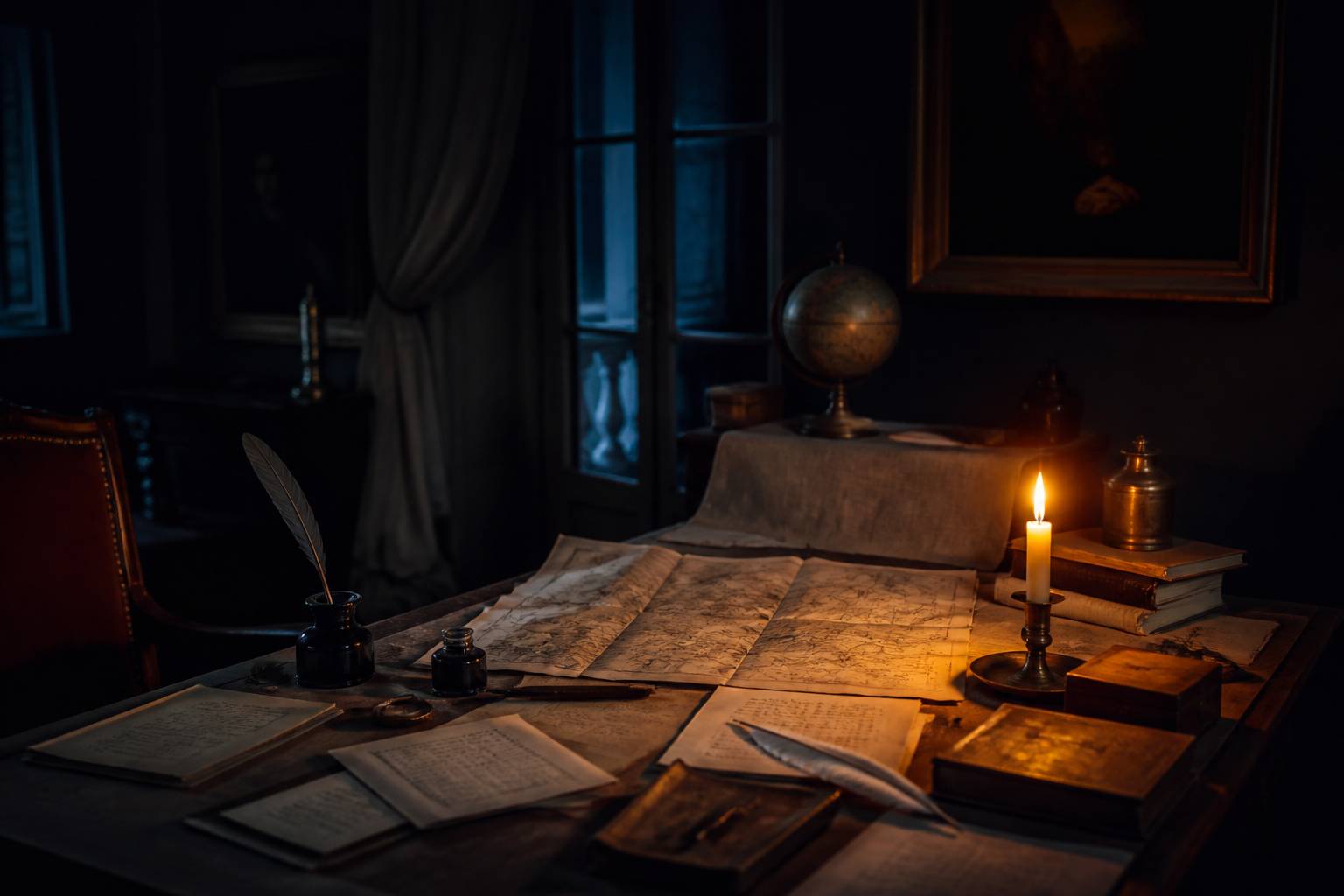 Bureau d'époque avec documents manuscrits, plume d'oie et bougie