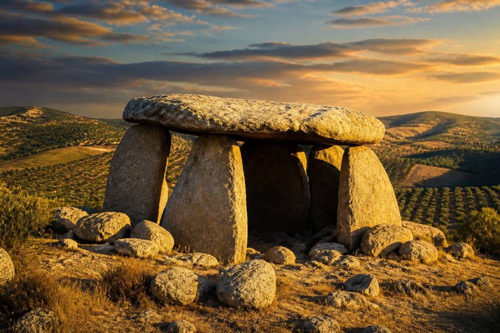 Dolmen preistorico con grandi lastre di pietra tra uliveti