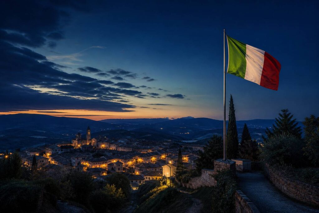 Drapeau tricolore italien flottant au vent sur une colline au crépuscule avec ville historique et lumières ambrées