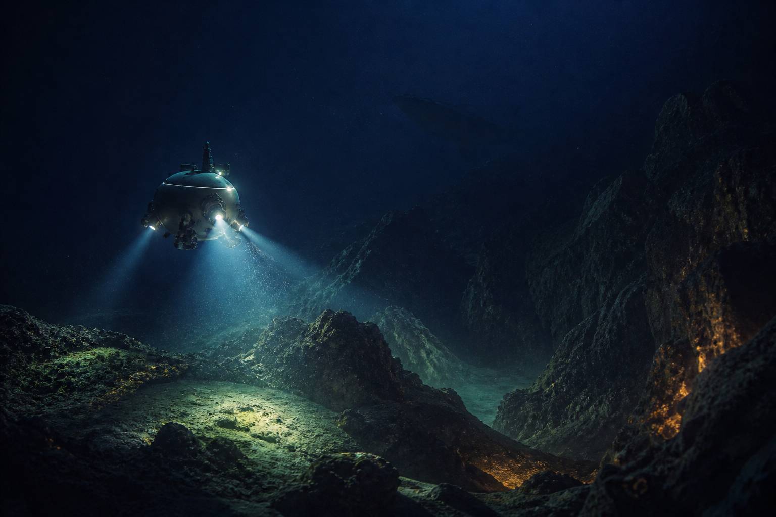 Sous-marin d'exploration éclairant le fond marin profond