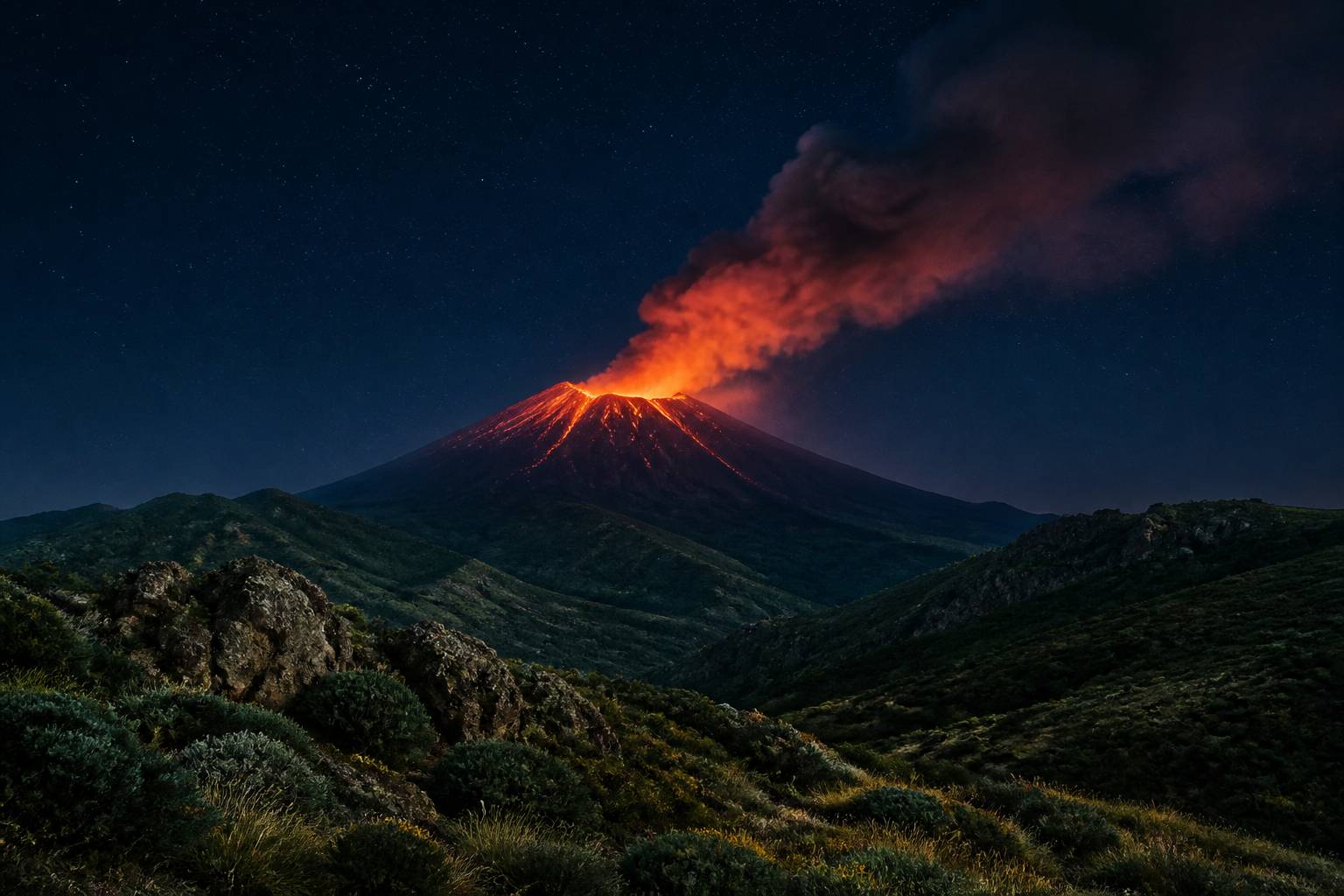Lueur de lave au sommet de l'Etna pendant une éruption nocturne