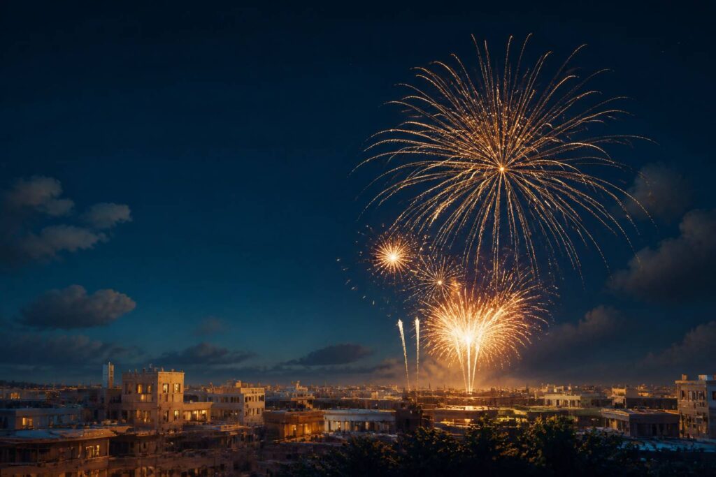 Feux d'artifice éclatant au-dessus d'une ville américaine générique la nuit