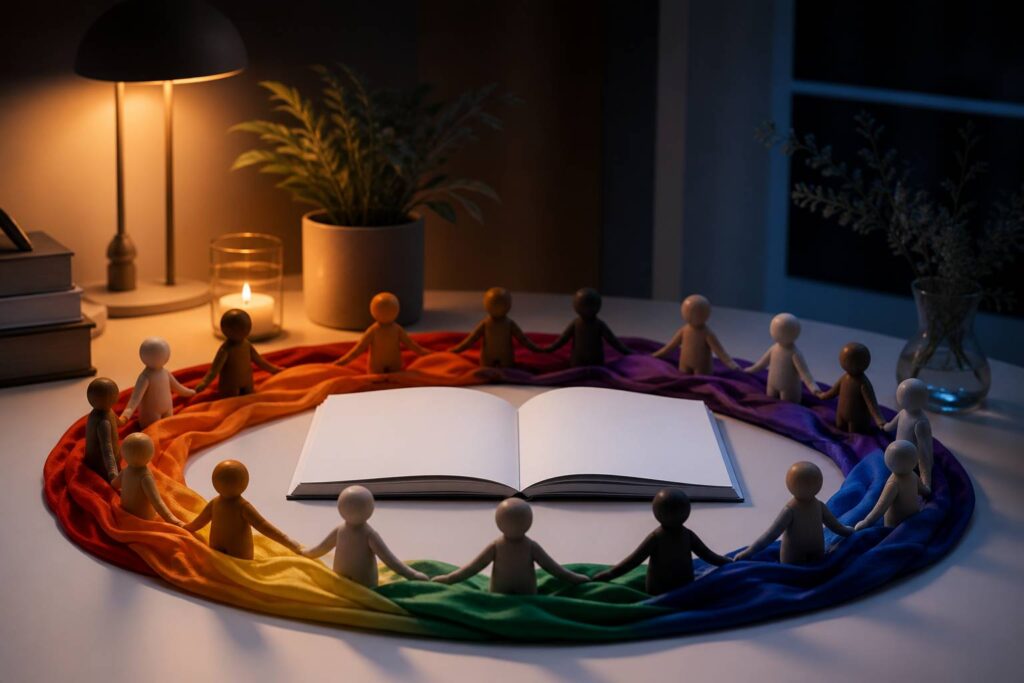 Rubans arc-en-ciel en cercle autour d'un livre ouvert sur une table claire