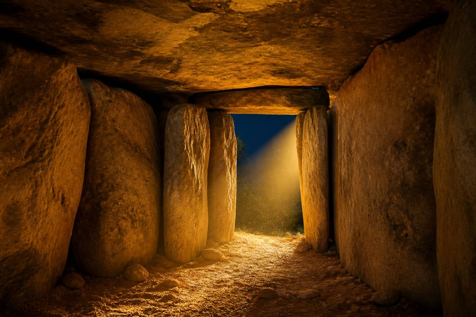 Interno di dolmen con grandi lastre di pietra e fascio di luce