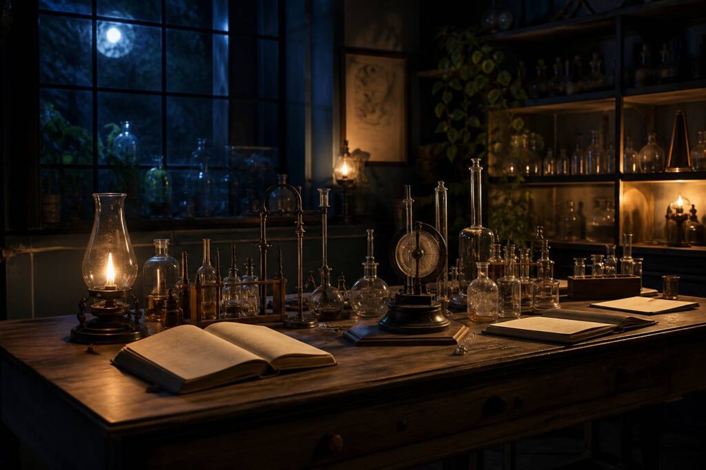 Laboratoire scientifique ancien avec instruments en verre et lampe à pétrole