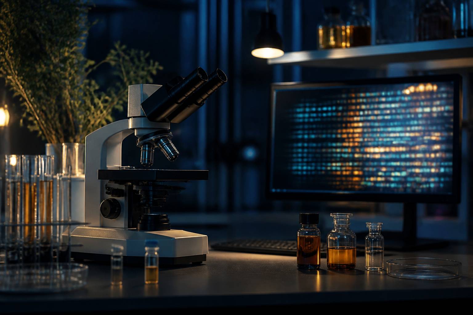 Poste de laboratoire avec microscope et éprouvettes en lumière bleutée