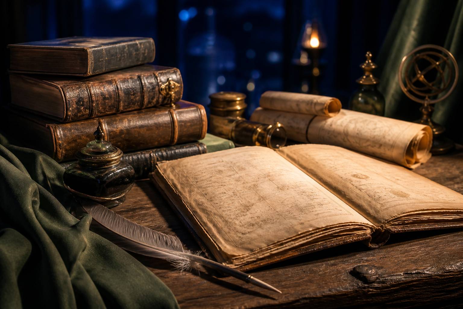 Livres anciens reliés cuir avec encrier et plume