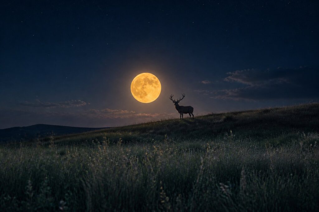 Pleine lune ambrée au-dessus d'une prairie avec un cerf en silhouette