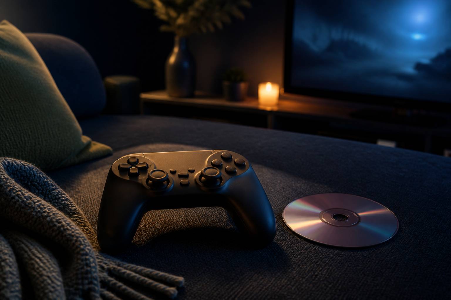 Manette de jeu générique avec disque optique sur un canapé