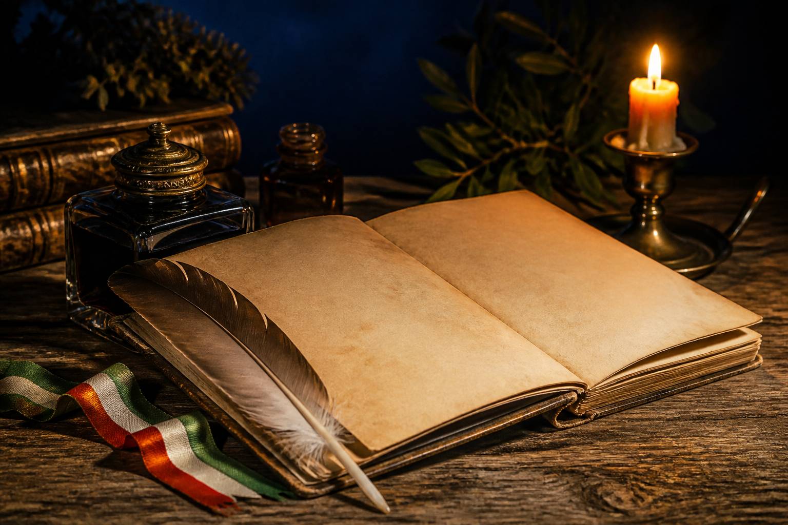 Vieux manuscrit ouvert aux pages jaunies avec plume d'oie, encrier, bougie et ruban tricolore vert blanc rouge