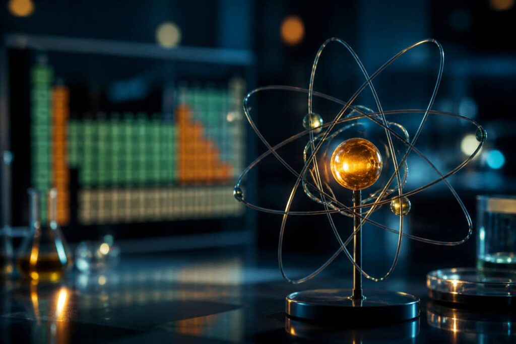 Maquette d'atome avec noyau lumineux et orbites électroniques dans un laboratoire