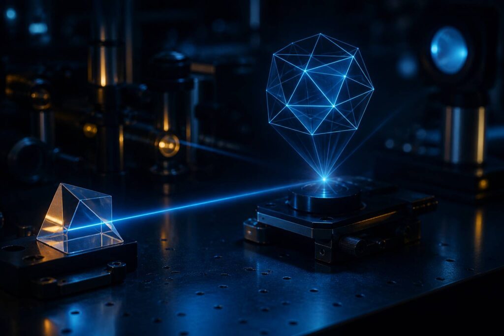 Image holographique flottante créée par un prisme dans un laboratoire bleu nuit