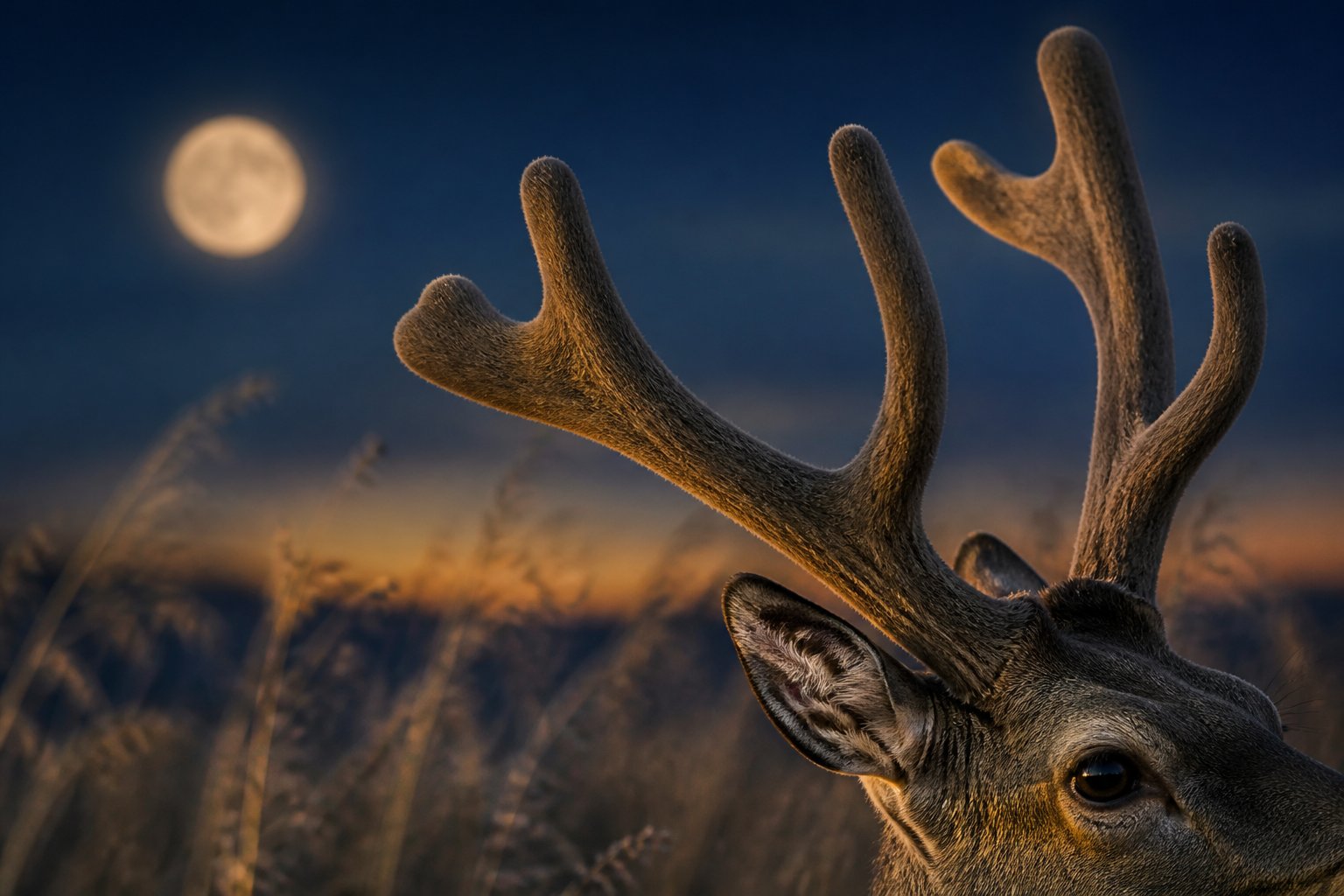 Bois en velours d'un cerf dans une clairière au crépuscule sous la lune
