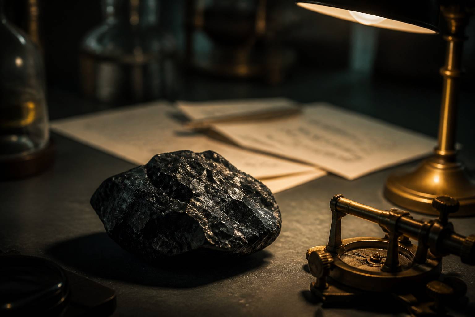 Morceau de minerai sombre posé près d'un instrument en laiton