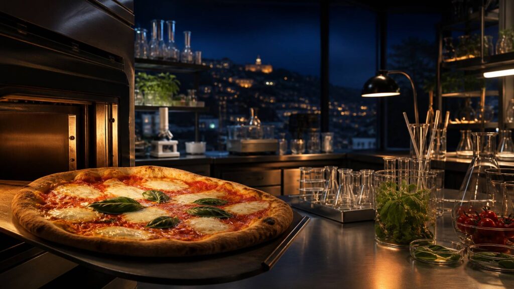 Pizza dorée et gonflée sortant d'un four dans un laboratoire culinaire