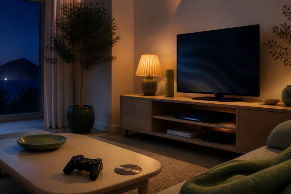 Console de jeu rétro générique avec manette sous un téléviseur
