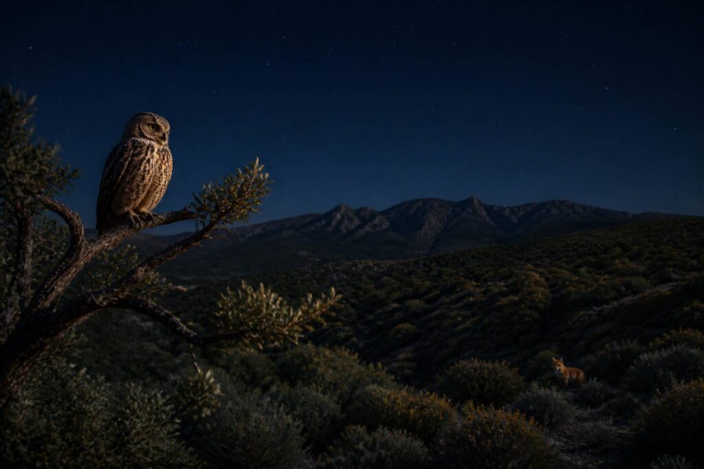 Colline méditerranéenne nocturne avec hibou sur une branche et renard au loin
