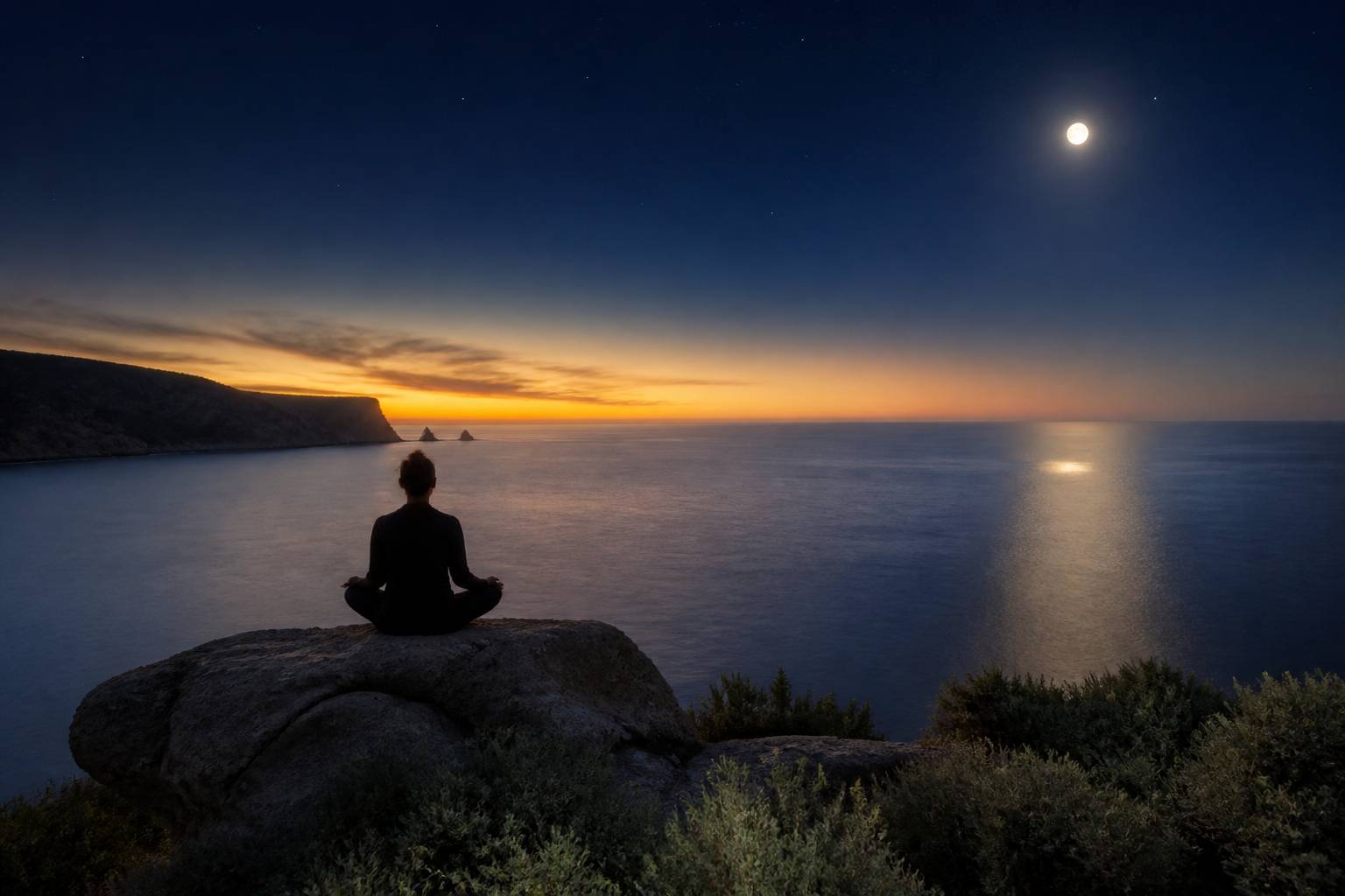 Silhouette d'une personne assise au bord de la mer au crépuscule