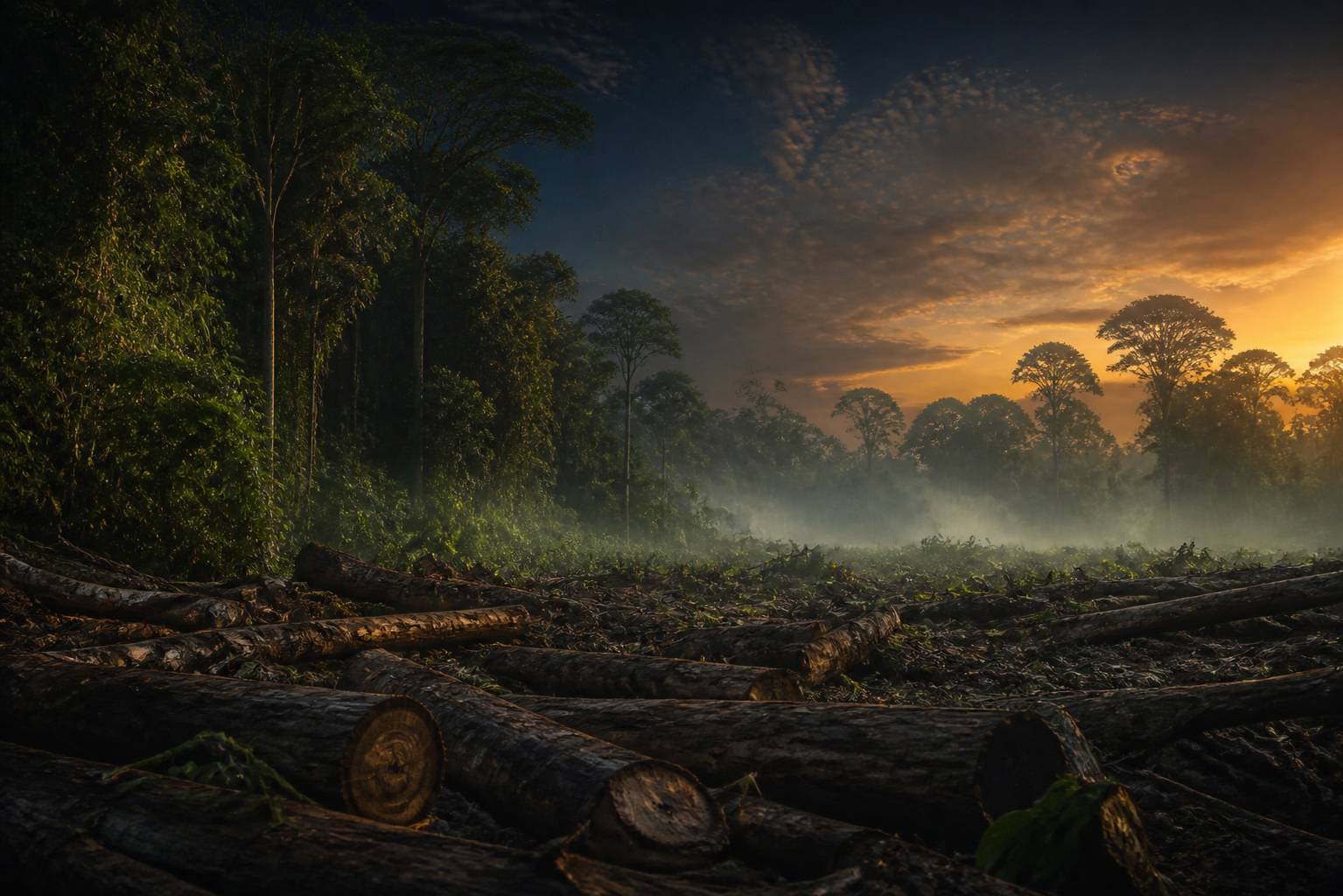 Lisière de forêt tropicale avec troncs abattus et brume légère
